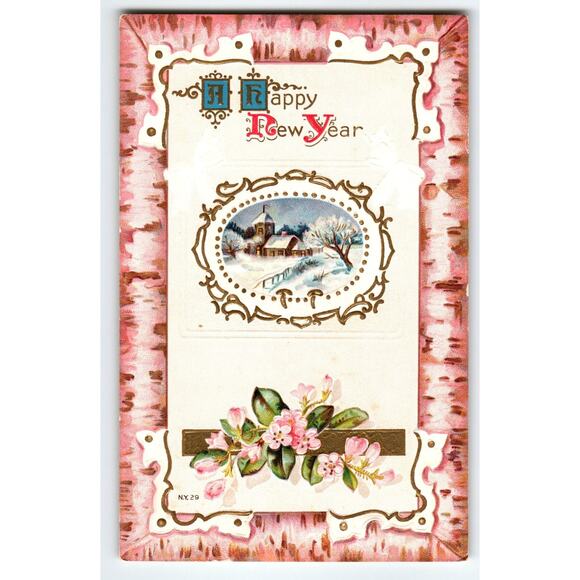 Vintage 1907-1915 Embossed Happy New Year Postcard Winter Scene Litho - Picture 1 of 2